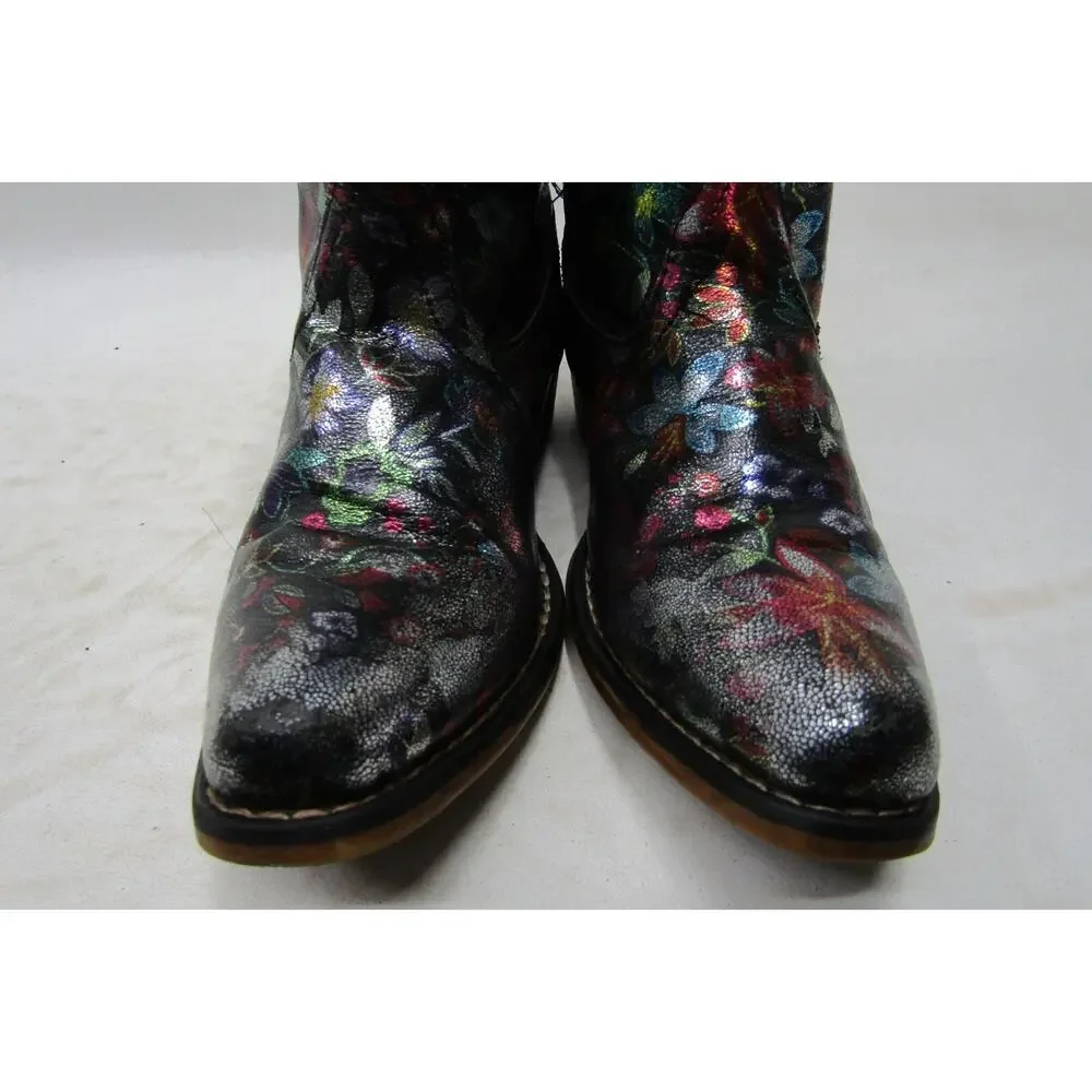 Roper Brand Youth Size 6 M Black Leather Floral Cowboy Western Boots